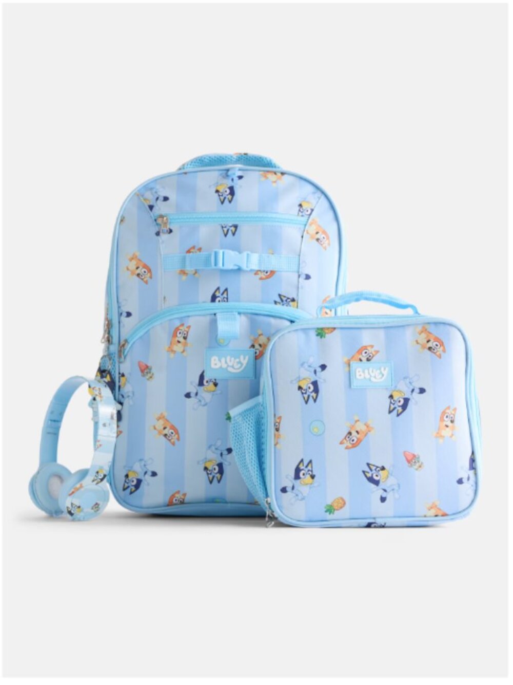 BBC Bluey Unisex Striped Sister Dance Backpack Set with Lunch Bag and Headphones